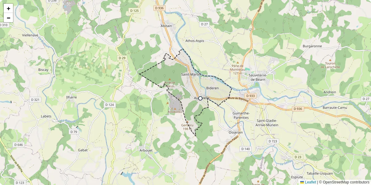 Carte du réseau de transport en commun à Autevielle-Saint-Martin-Bideren - lignes de bus et arrêts