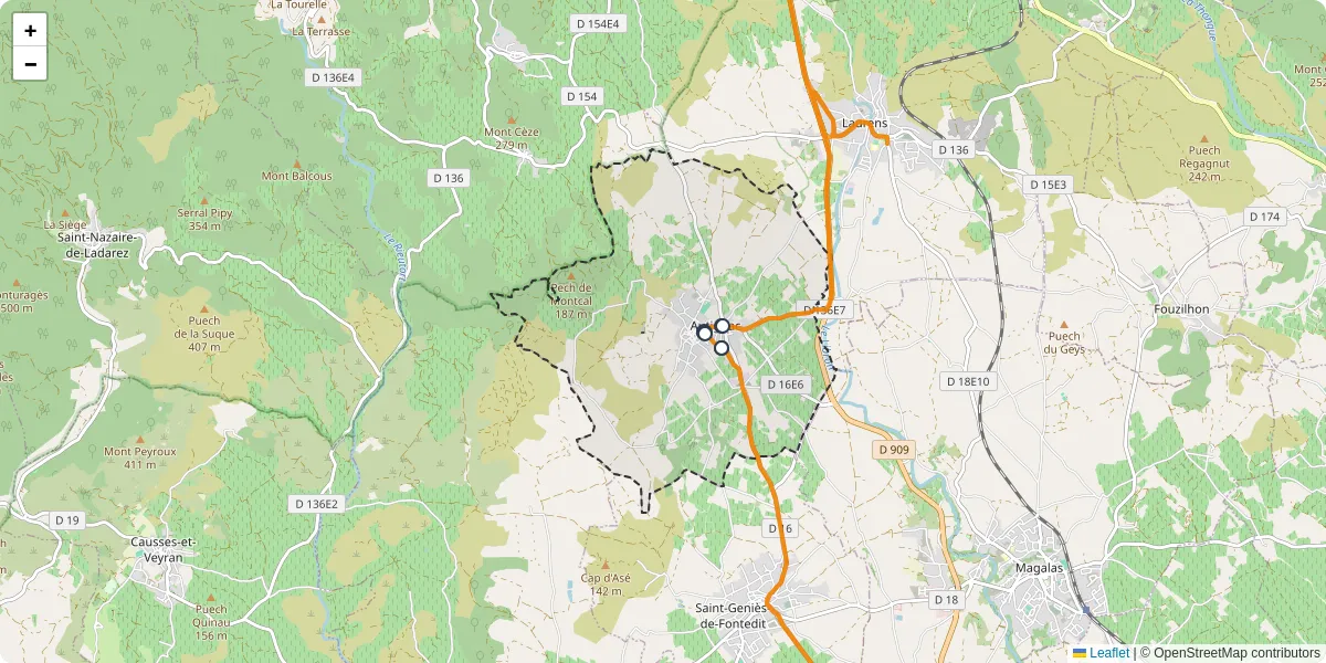 Carte du réseau de transport en commun à Autignac - lignes de bus et arrêts