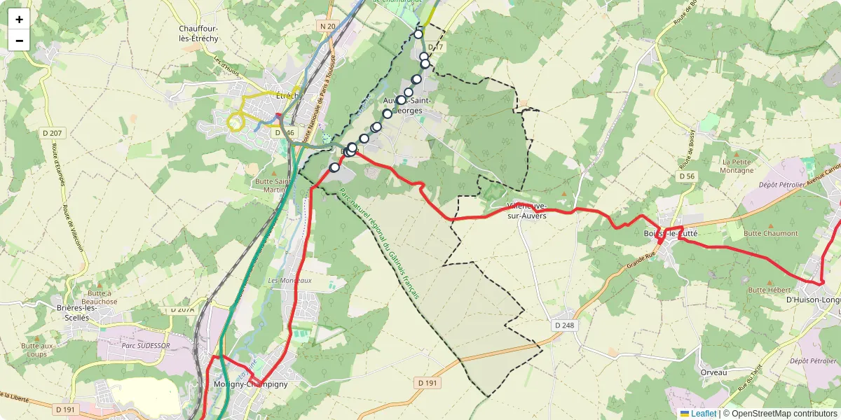 Carte du réseau de transport en commun à Auvers-Saint-Georges - lignes de bus et arrêts