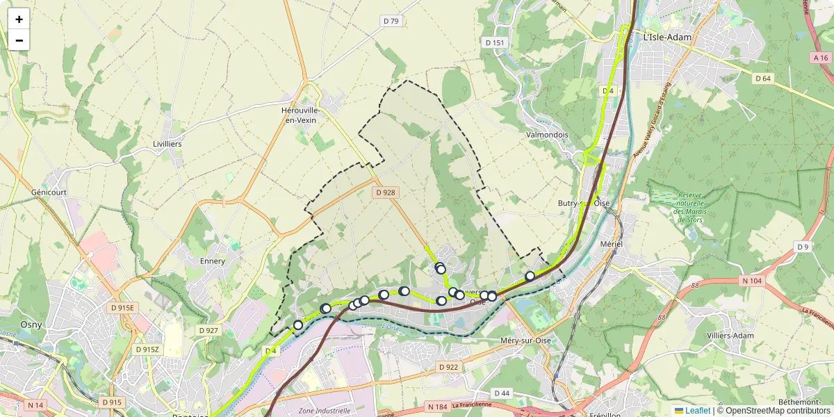 Carte du réseau de transport en commun à Auvers-sur-Oise - lignes de bus et arrêts