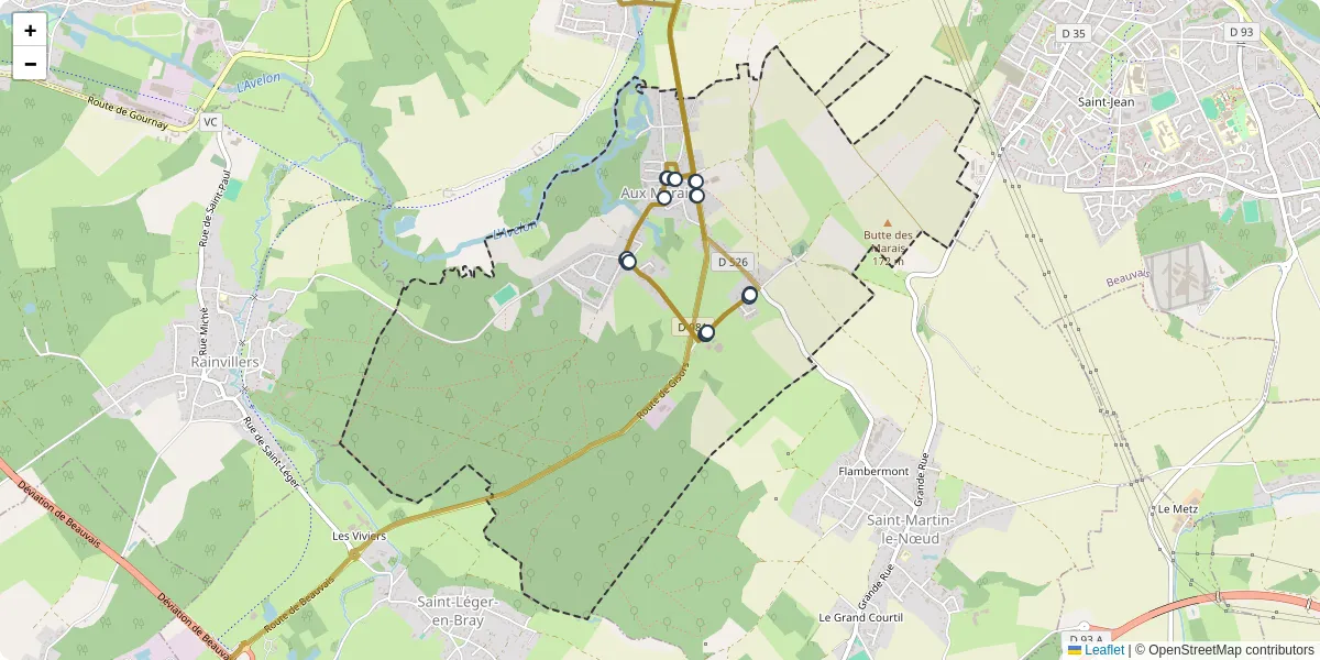 Carte du réseau de transport en commun à Aux Marais - lignes de bus et arrêts