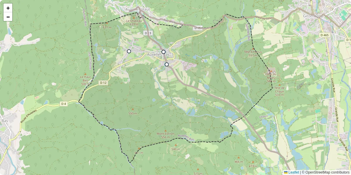 Carte du réseau de transport en commun à Auxelles-Bas - lignes de bus et arrêts