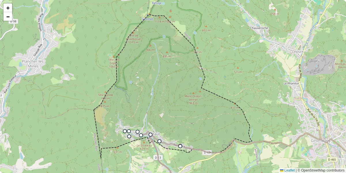 Carte du réseau de transport en commun à Auxelles-Haut - lignes de bus et arrêts