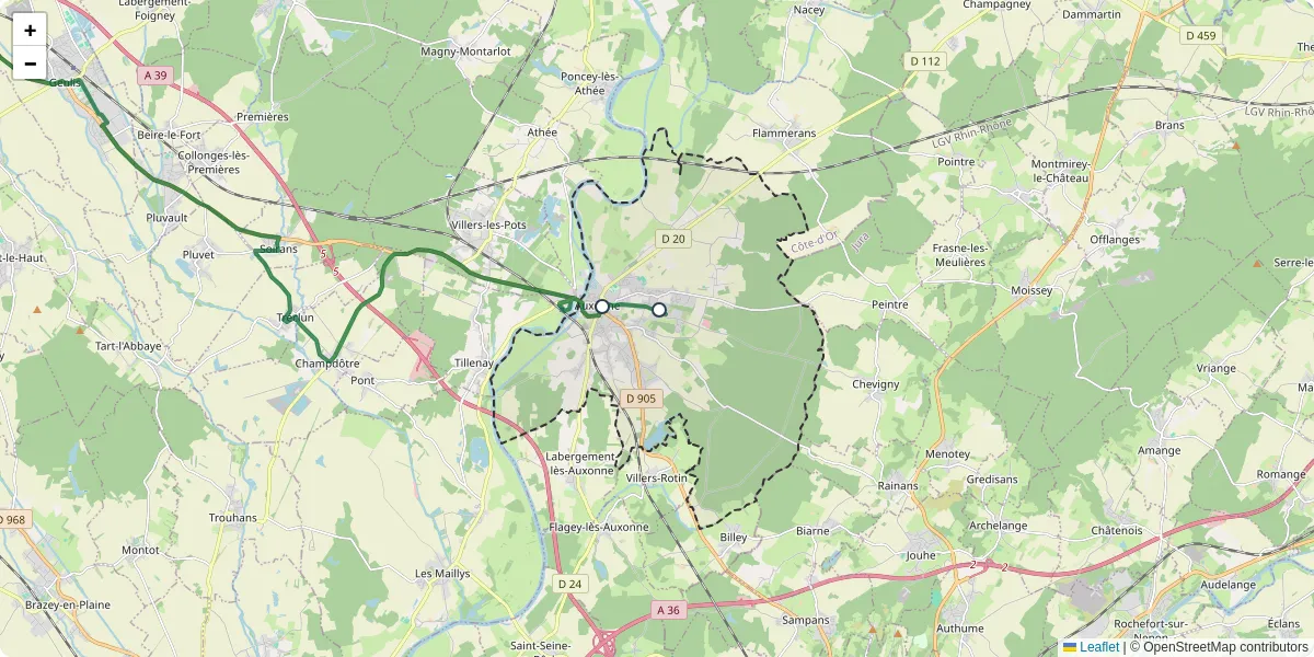 Carte du réseau de transport en commun à Auxonne - lignes de bus et arrêts