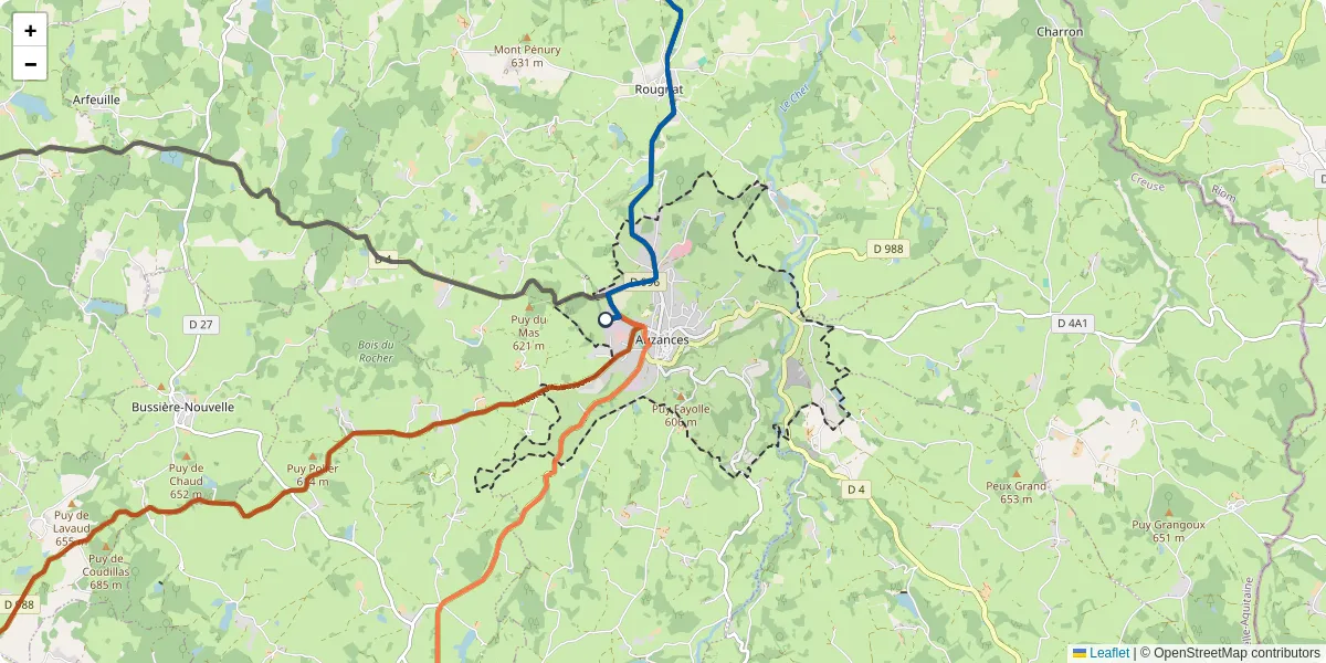 Carte du réseau de transport en commun à Auzances - lignes de bus et arrêts