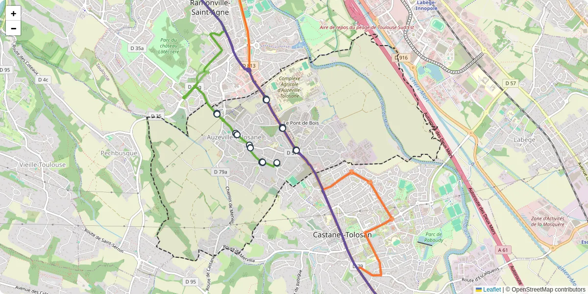 Carte du réseau de transport en commun à Auzeville-Tolosane - lignes de bus et arrêts