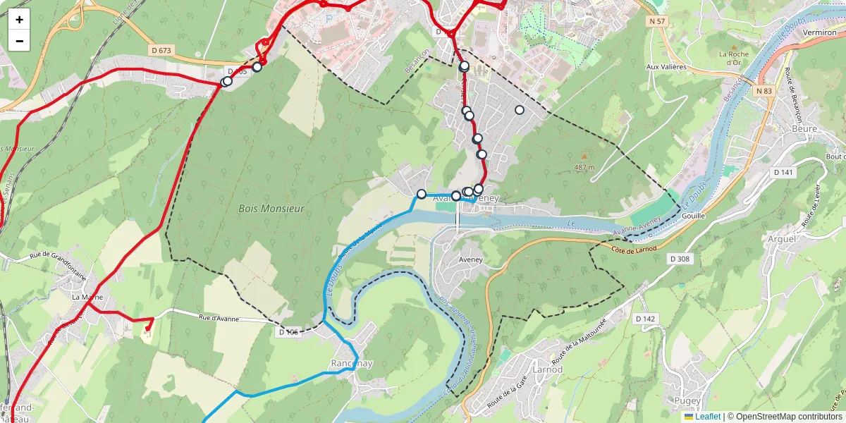 Carte du réseau de transport en commun à Avanne-Aveney - lignes de bus et arrêts