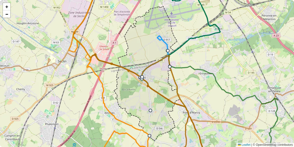 Carte du réseau de transport en commun à Avelin - lignes de bus et arrêts