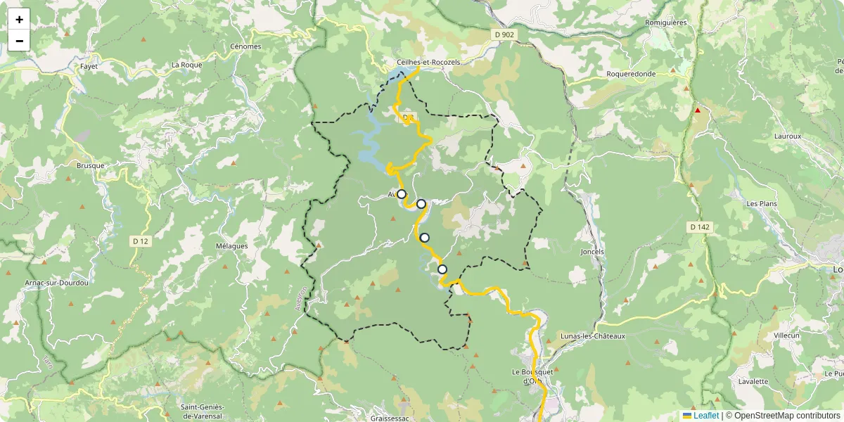 Carte du réseau de transport en commun à Avène - lignes de bus et arrêts