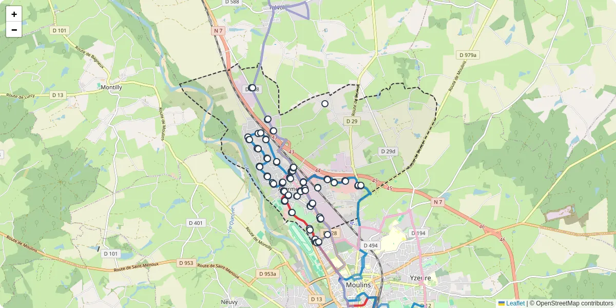 Carte du réseau de transport en commun à Avermes - lignes de bus et arrêts