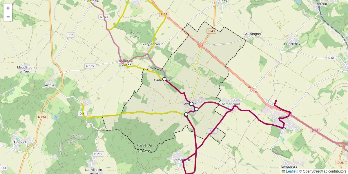 Carte du réseau de transport en commun à Avernes - lignes de bus et arrêts