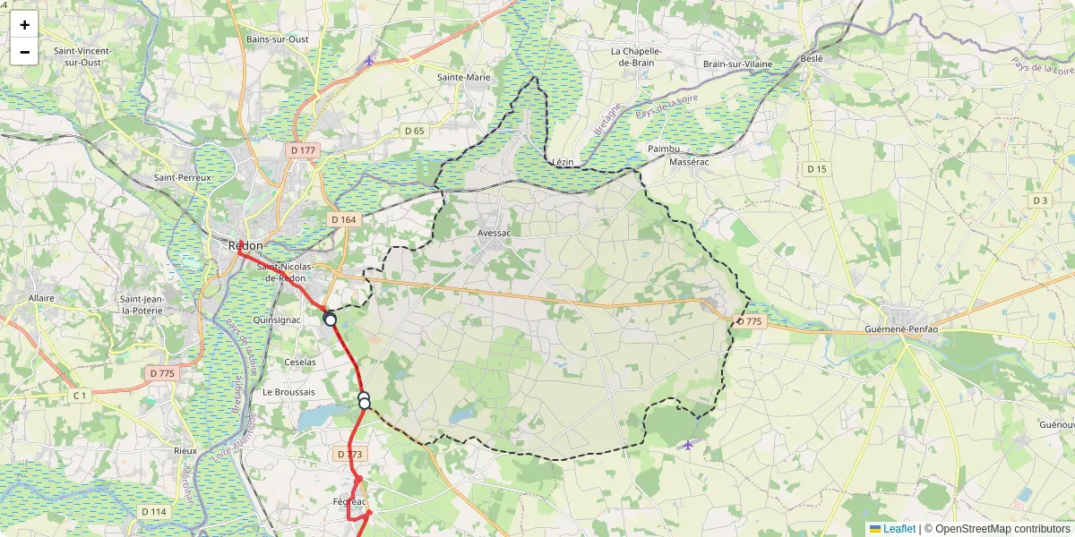Carte du réseau de transport en commun à Avessac - lignes de bus et arrêts