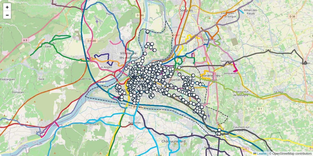 Carte du réseau de transport en commun à Avignon - lignes de bus et arrêts