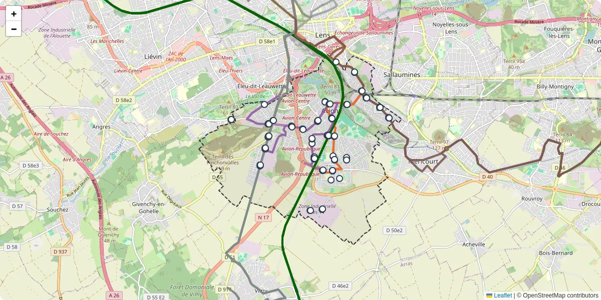 Carte du réseau de transport en commun à Avion - lignes de bus et arrêts