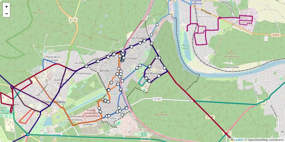 Carte du réseau de transport en commun à Avon - lignes de bus et arrêts