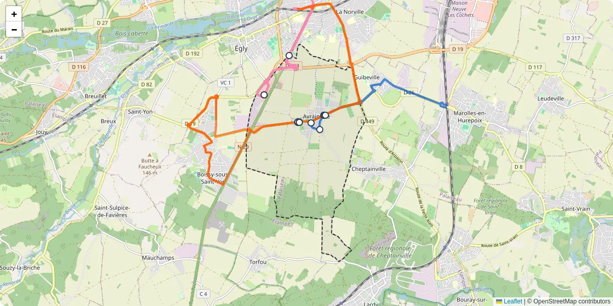 Carte du réseau de transport en commun à Avrainville - lignes de bus et arrêts