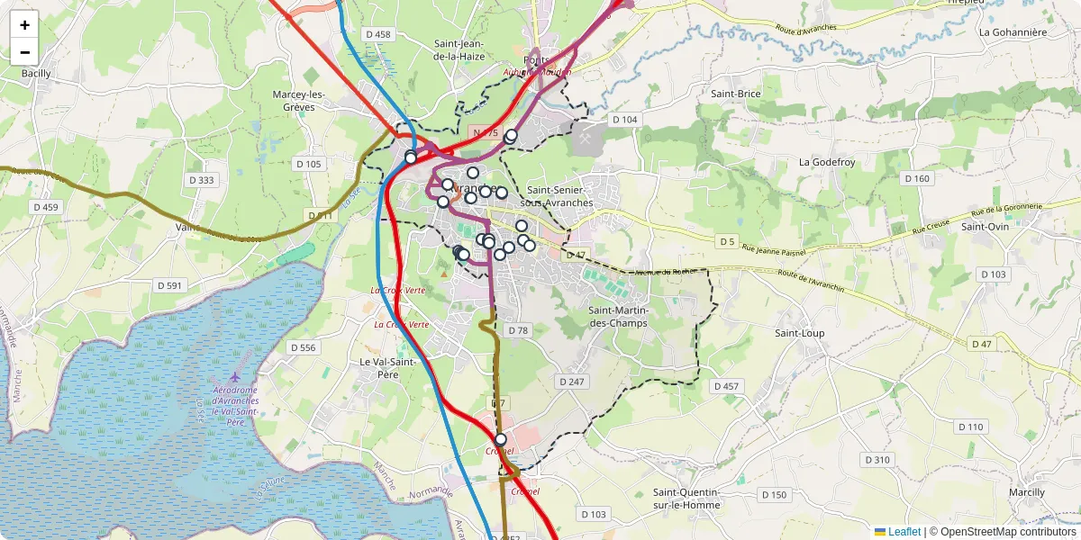 Carte du réseau de transport en commun à Avranches - lignes de bus et arrêts