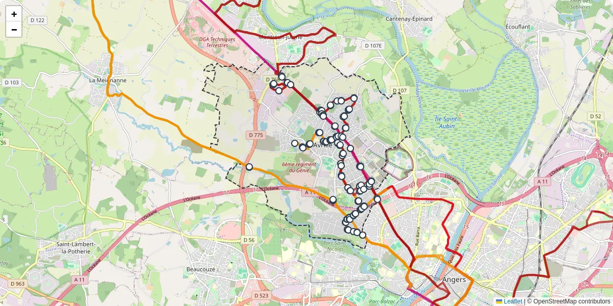 Carte du réseau de transport en commun à Avrillé - lignes de bus et arrêts
