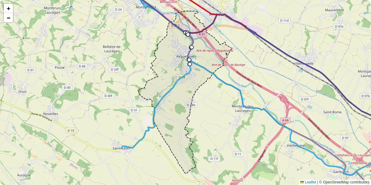 Carte du réseau de transport en commun à Ayguesvives - lignes de bus et arrêts