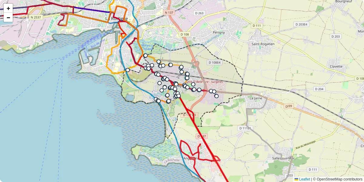 Carte du réseau de transport en commun à Aytré - lignes de bus et arrêts