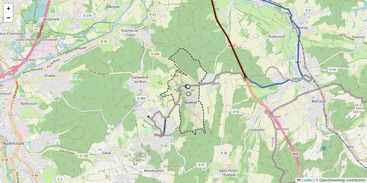 Carte du réseau de transport en commun à Badevel - lignes de bus et arrêts
