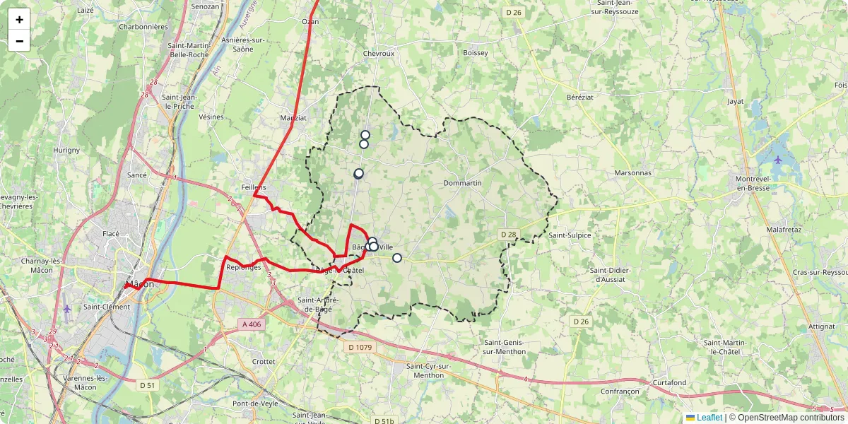 Carte du réseau de transport en commun à Bâgé-Dommartin - lignes de bus et arrêts