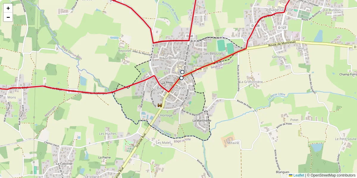 Carte du réseau de transport en commun à Bâgé-le-Châtel - lignes de bus et arrêts