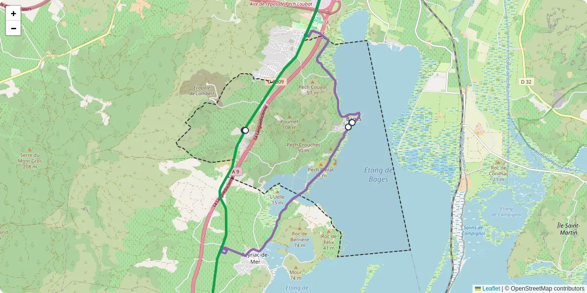 Carte du réseau de transport en commun à Bages - lignes de bus et arrêts
