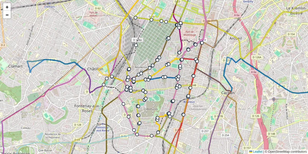 Carte du réseau de transport en commun à Bagneux - lignes de bus et arrêts