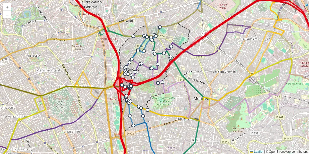 Carte du réseau de transport en commun à Bagnolet - lignes de bus et arrêts