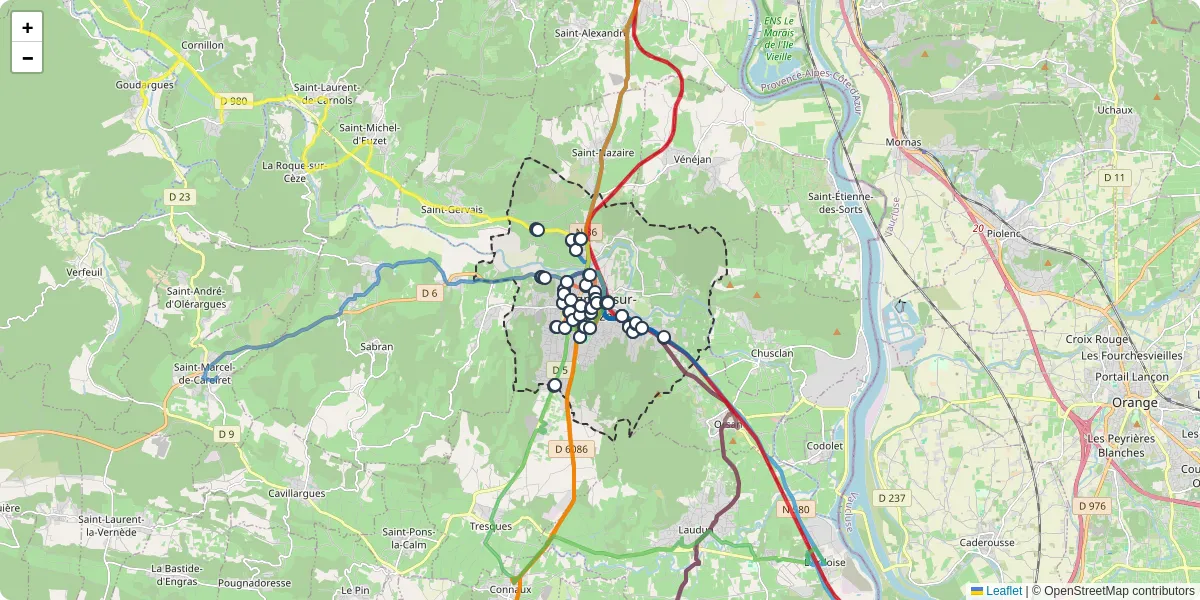 Carte du réseau de transport en commun à Bagnols-sur-Cèze - lignes de bus et arrêts