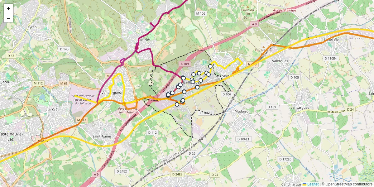 Carte du réseau de transport en commun à Baillargues - lignes de bus et arrêts