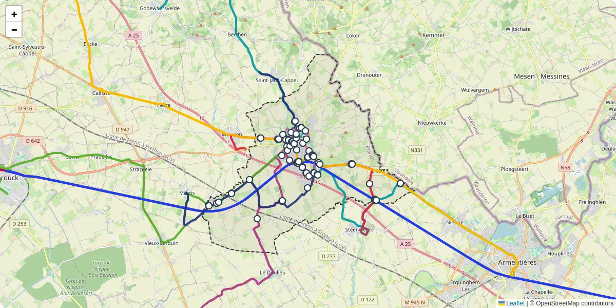 Carte du réseau de transport en commun à Bailleul - lignes de bus et arrêts