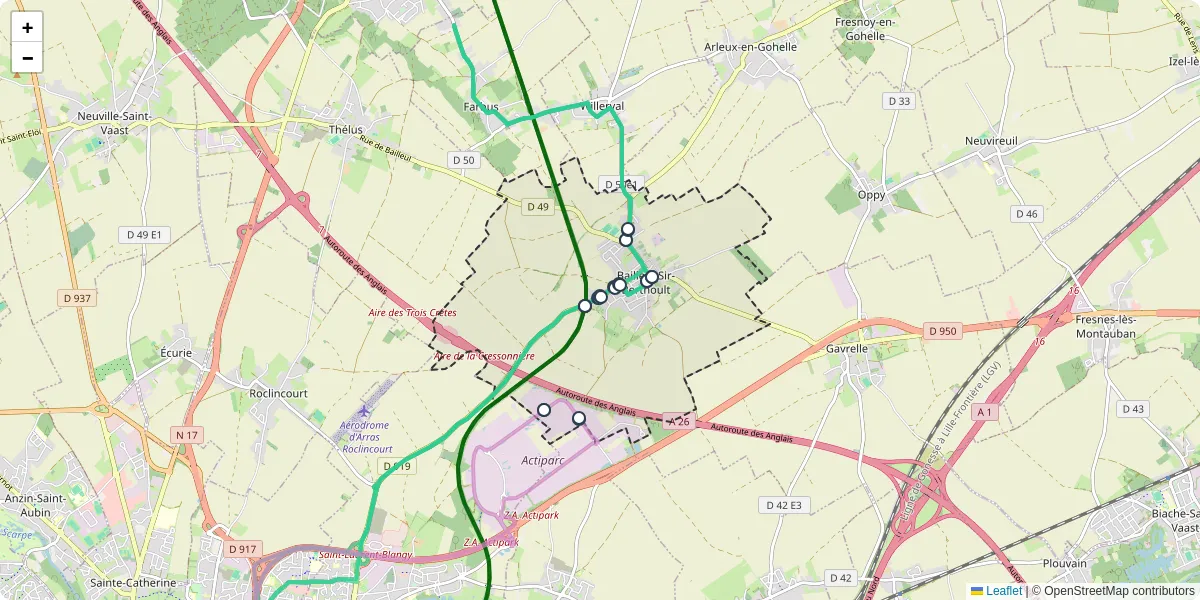 Carte du réseau de transport en commun à Bailleul-Sir-Berthoult - lignes de bus et arrêts