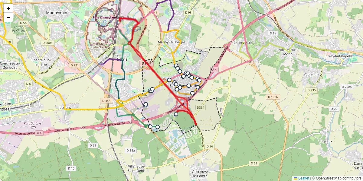 Carte du réseau de transport en commun à Bailly-Romainvilliers - lignes de bus et arrêts