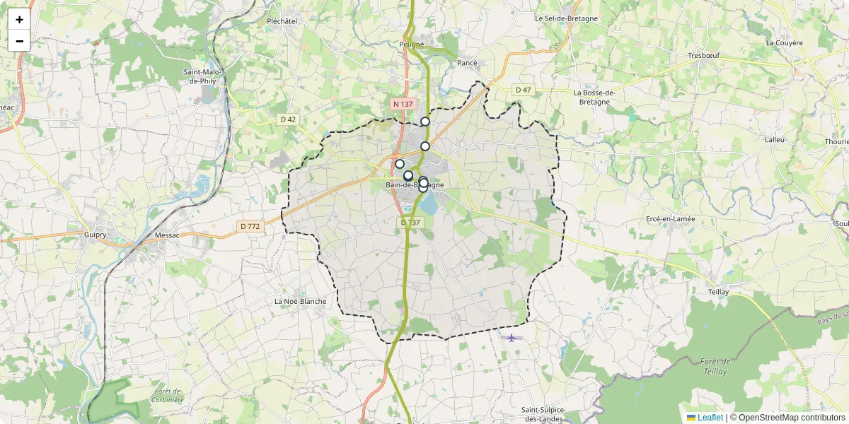 Carte du réseau de transport en commun à Bain-de-Bretagne - lignes de bus et arrêts