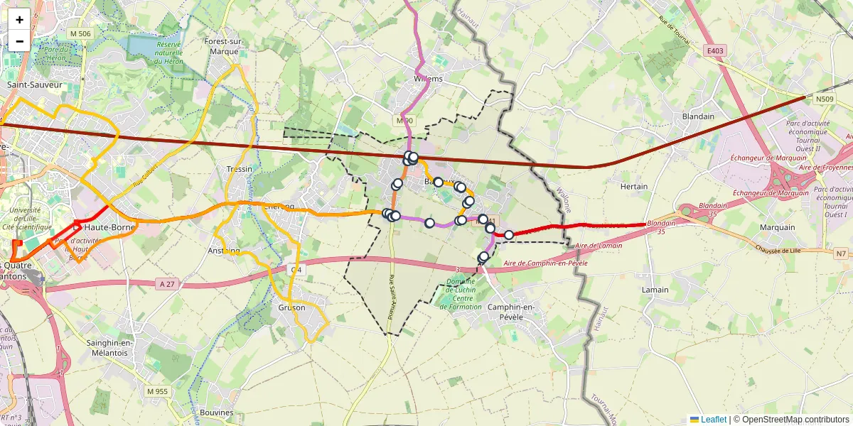 Carte du réseau de transport en commun à Baisieux - lignes de bus et arrêts