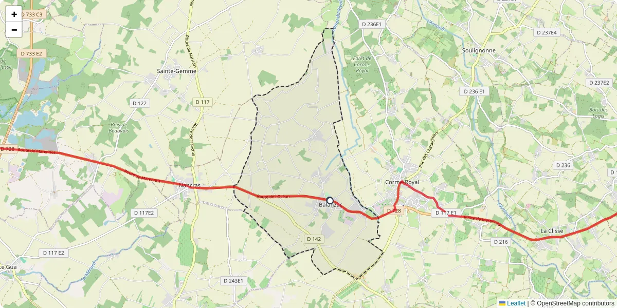 Carte du réseau de transport en commun à Balanzac - lignes de bus et arrêts