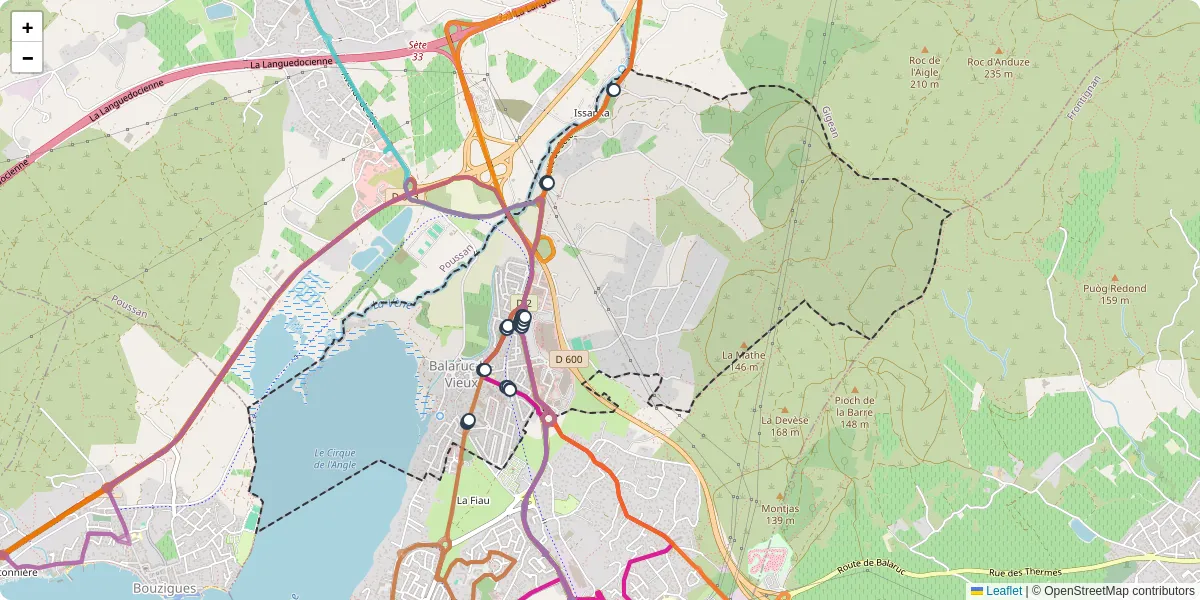 Carte du réseau de transport en commun à Balaruc-le-Vieux - lignes de bus et arrêts