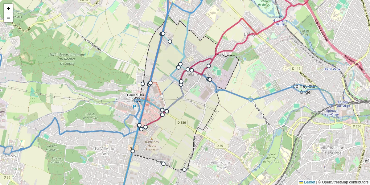 Carte du réseau de transport en commun à Ballainvilliers - lignes de bus et arrêts