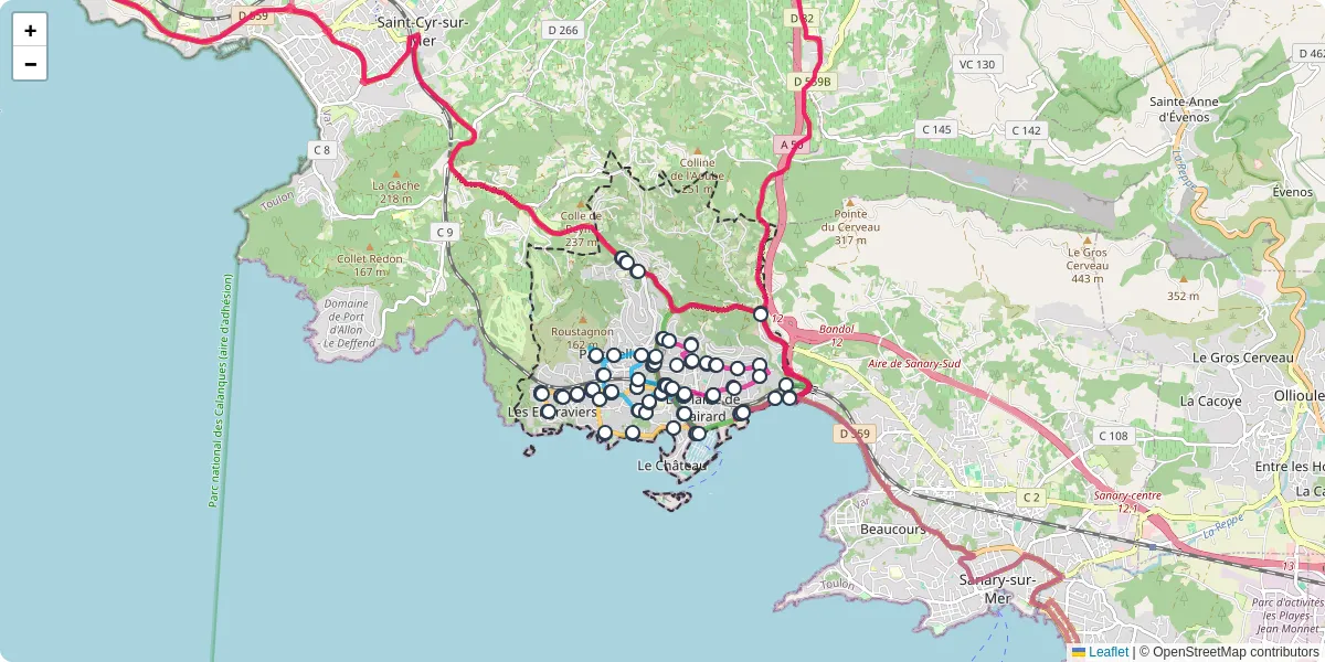 Carte du réseau de transport en commun à Bandol - lignes de bus et arrêts