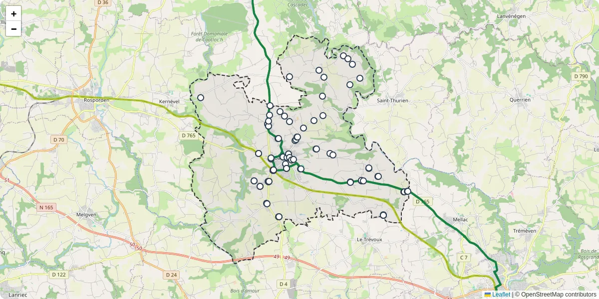 Carte du réseau de transport en commun à Bannalec - lignes de bus et arrêts
