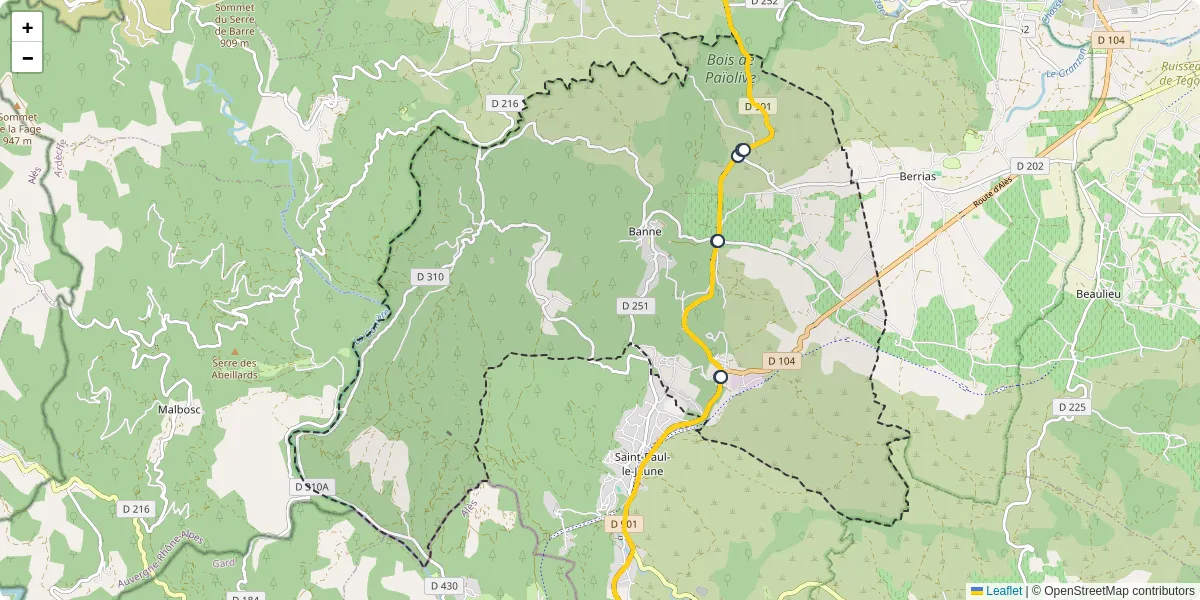 Carte du réseau de transport en commun à Banne - lignes de bus et arrêts