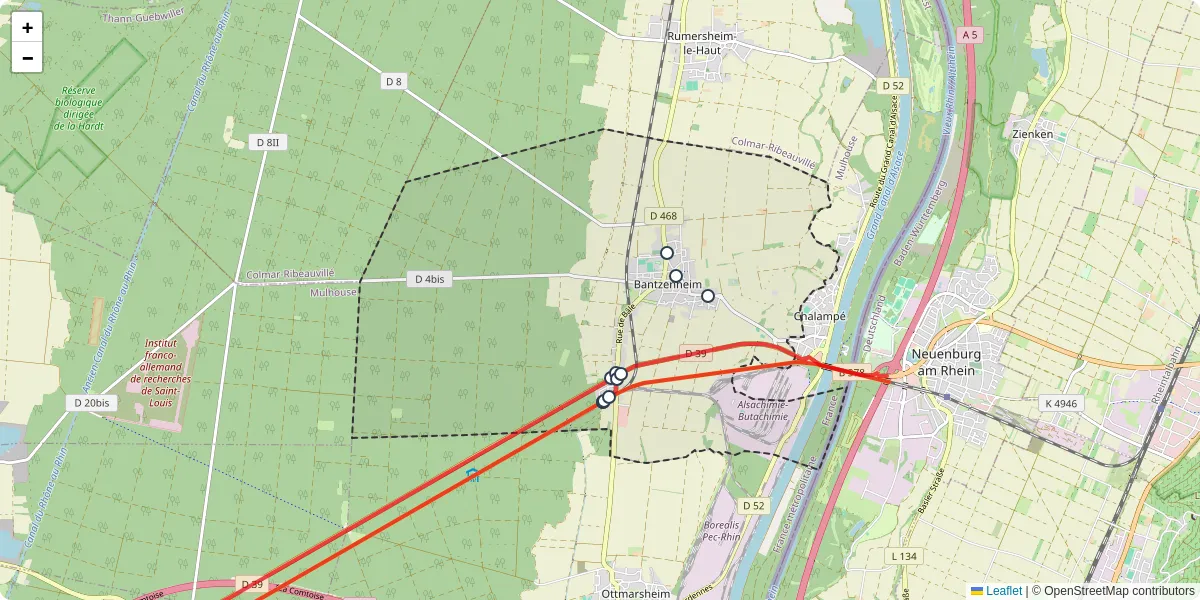 Carte du réseau de transport en commun à Bantzenheim - lignes de bus et arrêts