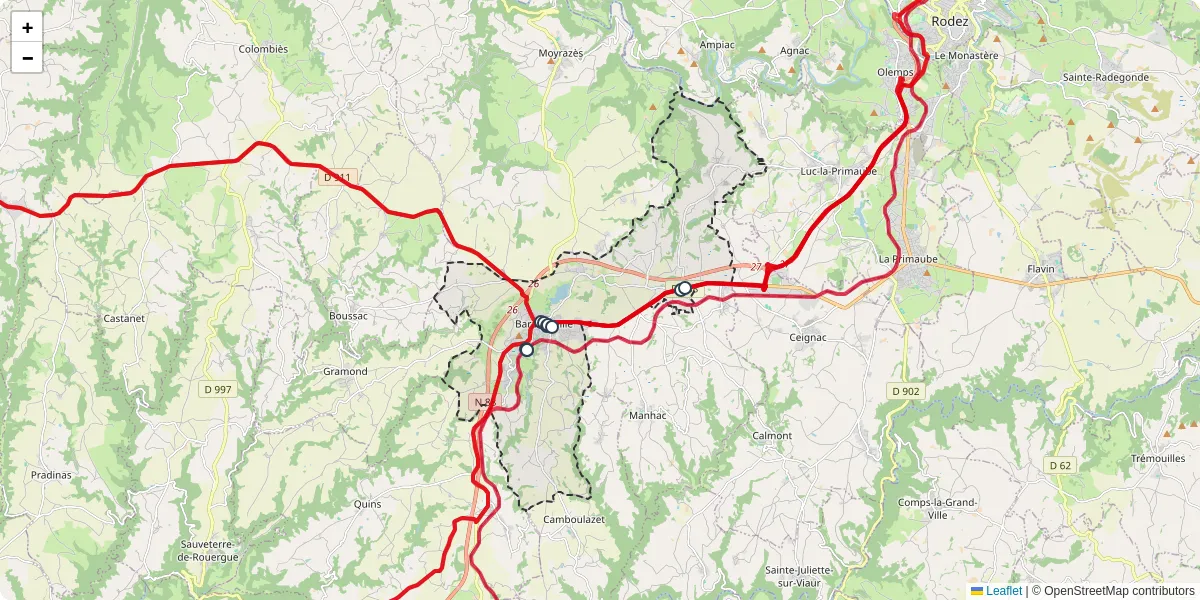 Carte du réseau de transport en commun à Baraqueville - lignes de bus et arrêts