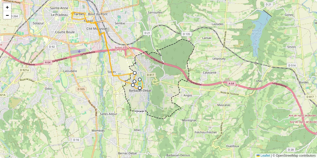 Carte du réseau de transport en commun à Barbazan-Debat - lignes de bus et arrêts