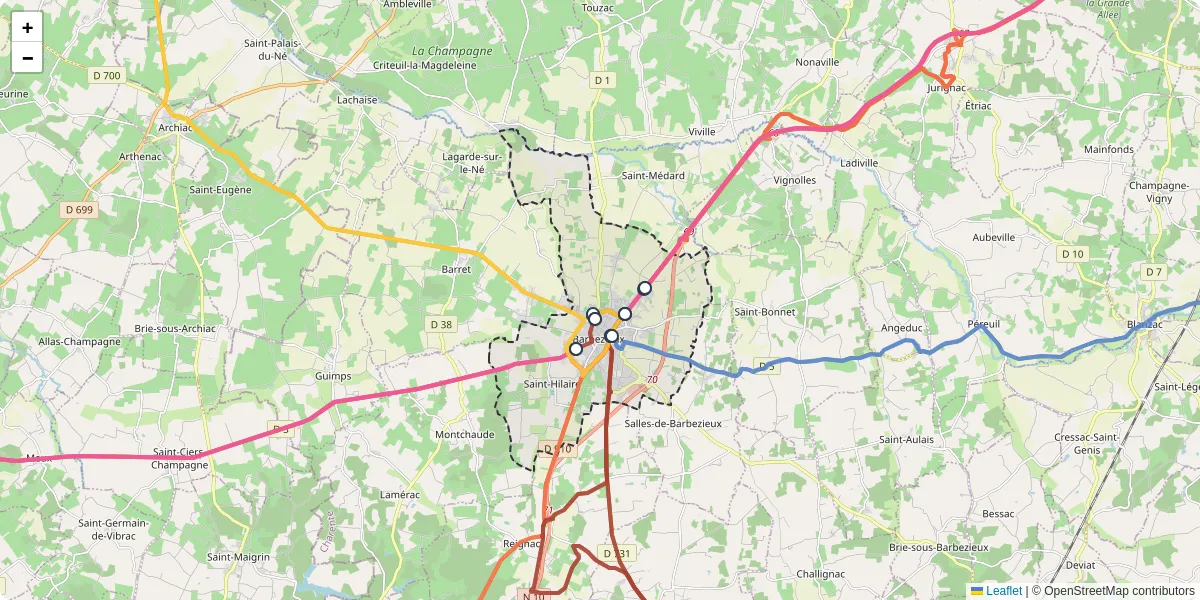 Carte du réseau de transport en commun à Barbezieux-Saint-Hilaire - lignes de bus et arrêts