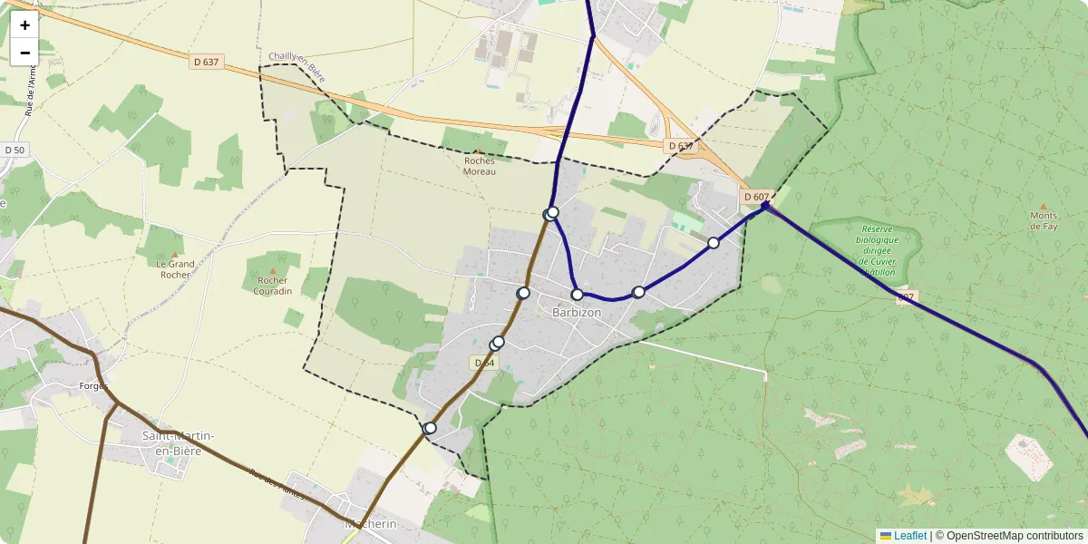 Carte du réseau de transport en commun à Barbizon - lignes de bus et arrêts