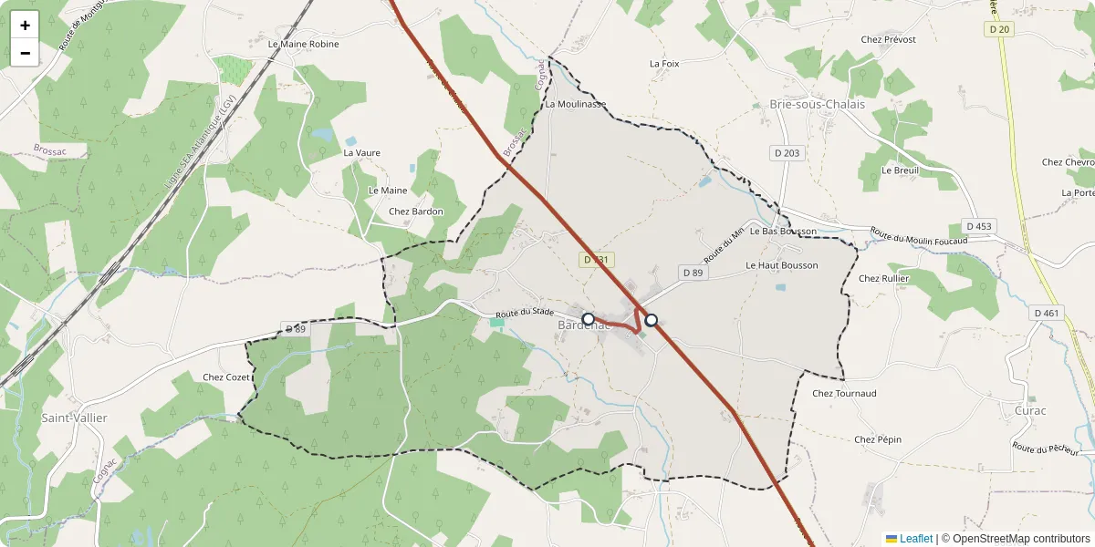 Carte du réseau de transport en commun à Bardenac - lignes de bus et arrêts