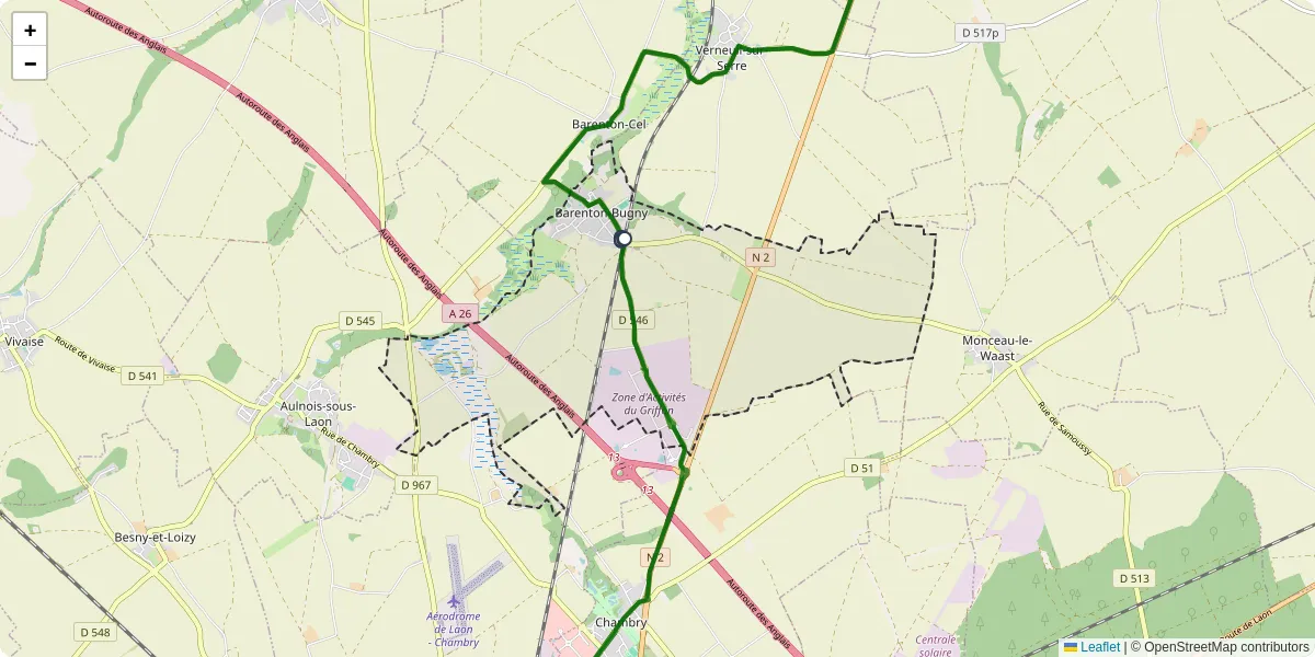 Carte du réseau de transport en commun à Barenton-Bugny - lignes de bus et arrêts